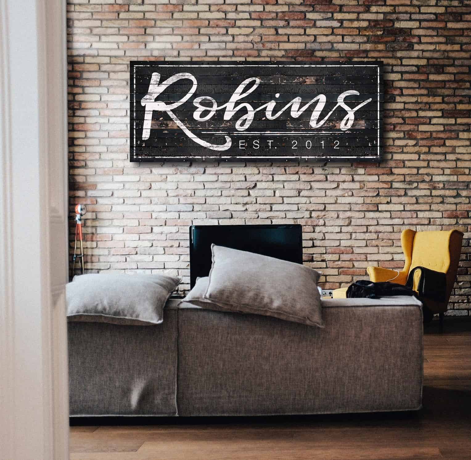 Family Name Sign handmade by ToeFishArt. Original, custom, personalized wall decor signs. Canvas, Wood or Metal. Rustic modern farmhouse, cottagecore, vintage, retro, industrial, Americana, primitive, country, coastal, minimalist.