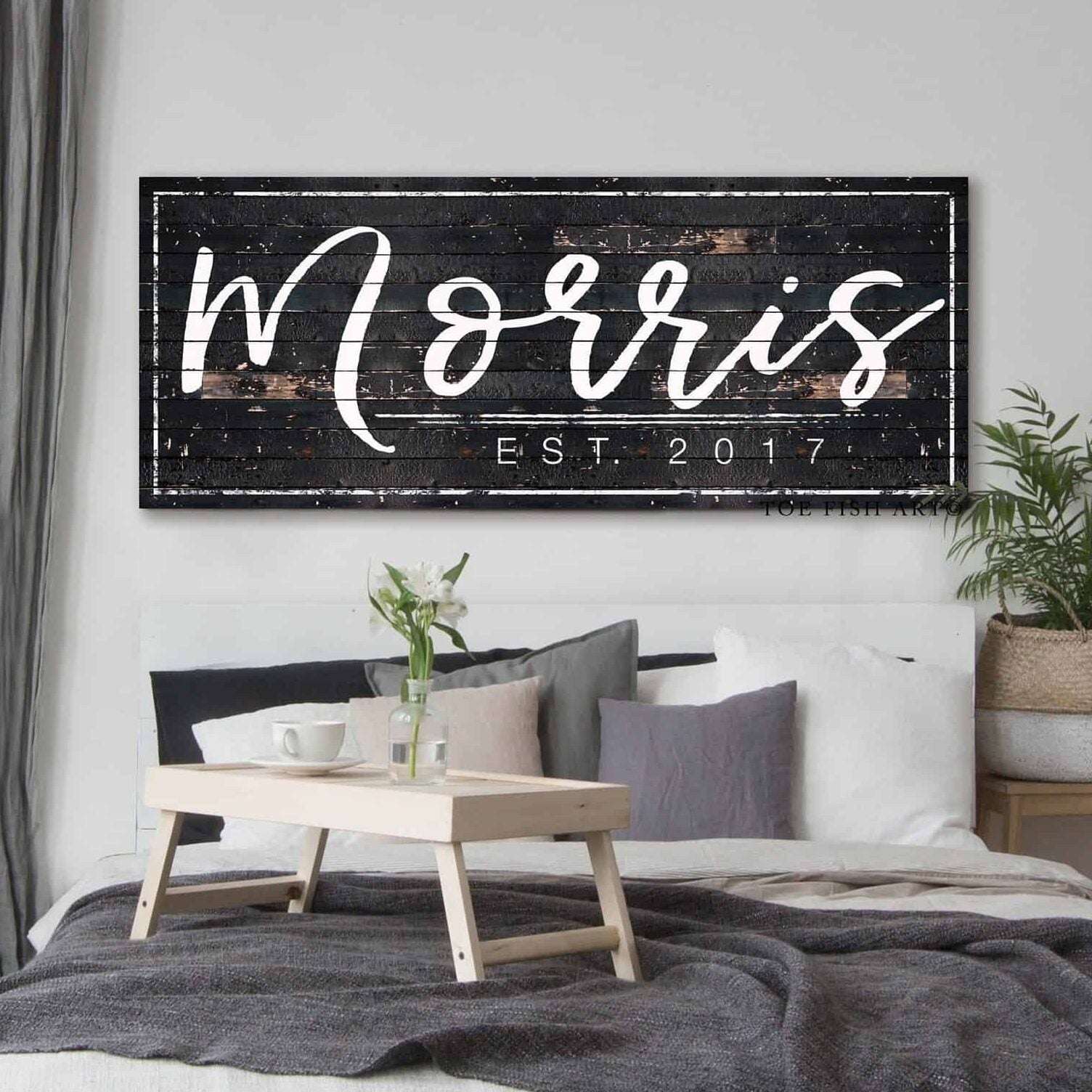 Family Name Sign handmade by ToeFishArt. Original, custom, personalized wall decor signs. Canvas, Wood or Metal. Rustic modern farmhouse, cottagecore, vintage, retro, industrial, Americana, primitive, country, coastal, minimalist.