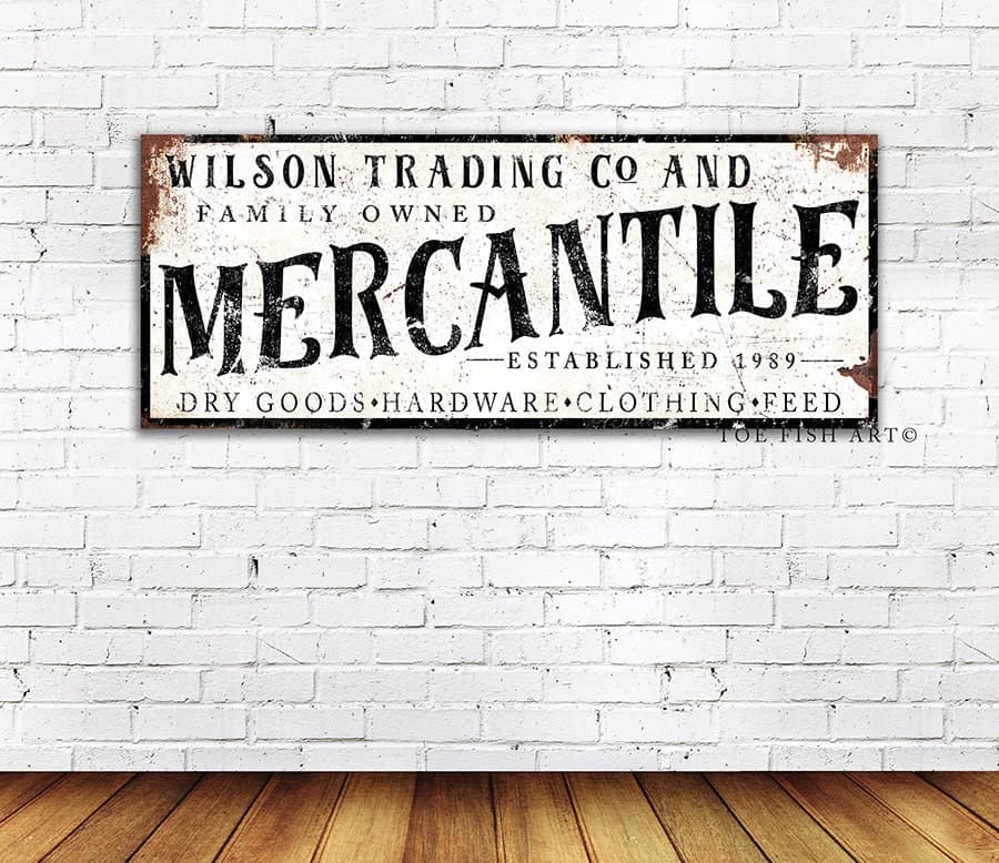 Family Owned General Store Sign handmade by ToeFishArt. Original, custom, personalized wall decor signs. Canvas, Wood or Metal. Rustic modern farmhouse, cottagecore, vintage, retro, industrial, Americana, primitive, country, coastal, minimalist.