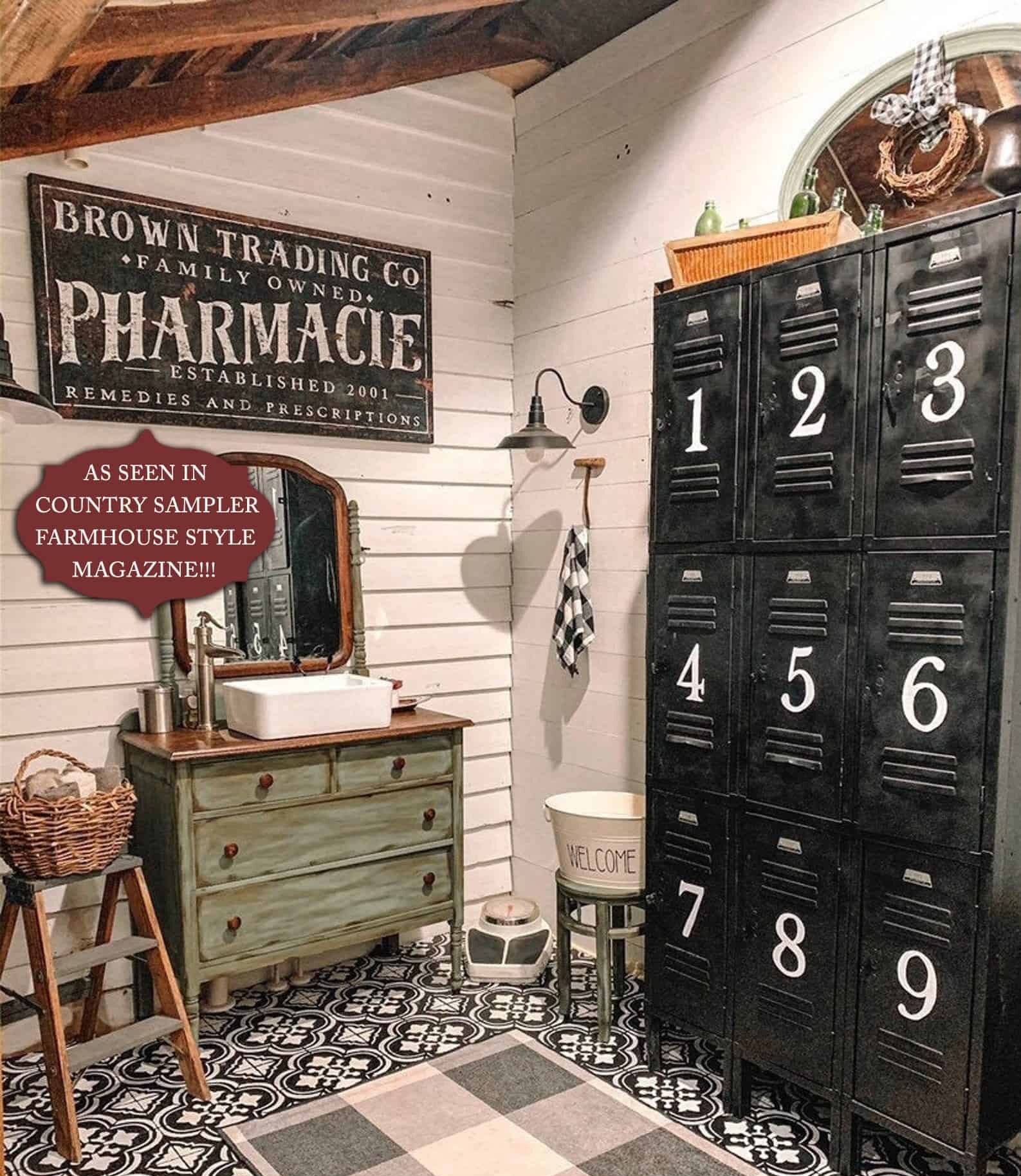 Family Owned Pharmacie Sign handmade by ToeFishArt. Original, custom, personalized wall decor signs. Canvas, Wood or Metal. Rustic modern farmhouse, cottagecore, vintage, retro, industrial, Americana, primitive, country, coastal, minimalist.