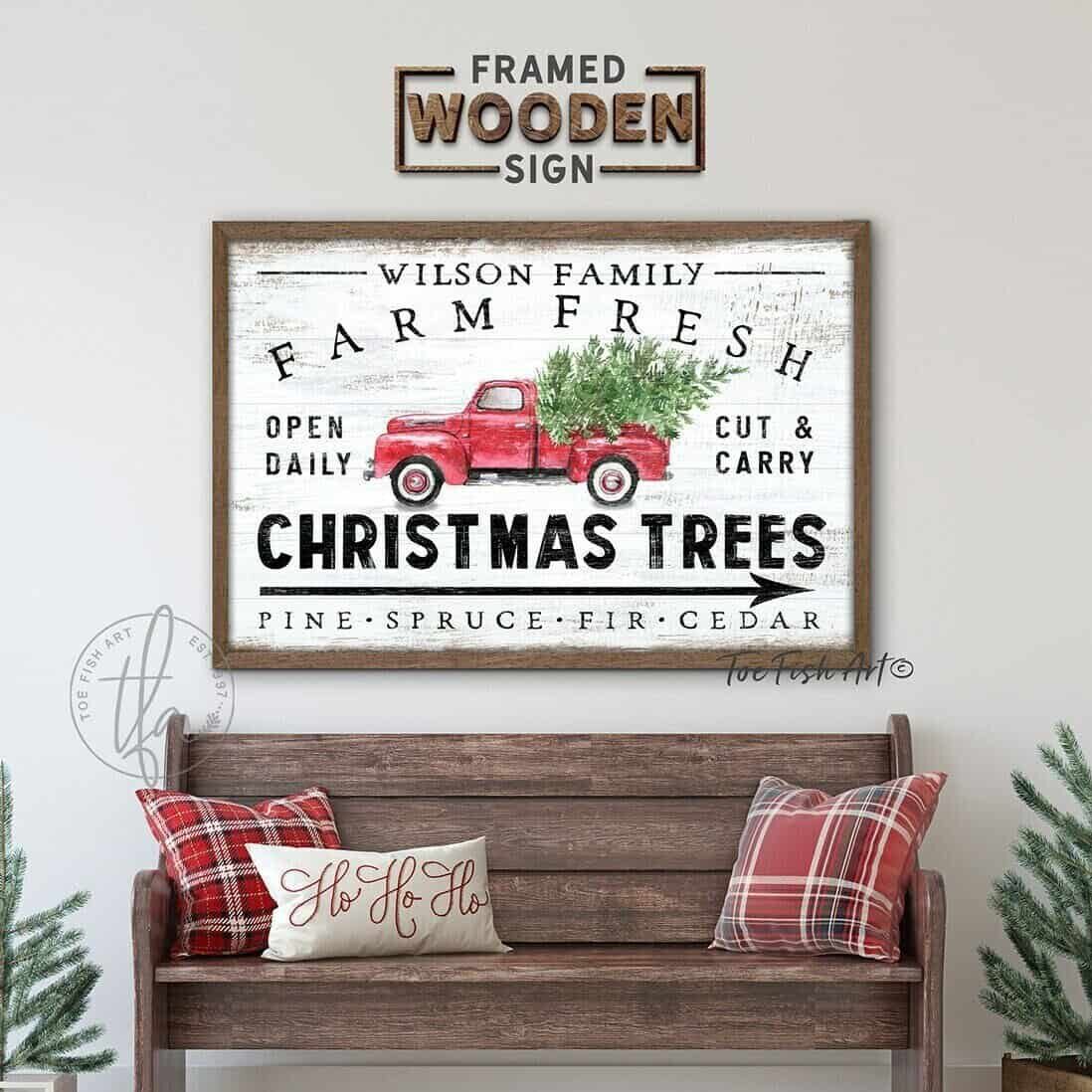 Farm Fresh Christmas Trees Personalized Family Name Sign, Rustic Holiday Christmas Wall Art Vintage Shiplap Framed Hardwood Sign handmade by ToeFishArt. Original, custom, personalized wall decor signs. Canvas, Wood or Metal. Rustic modern farmhouse, cottagecore, vintage, retro, industrial, Americana, primitive, country, coastal, minimalist.