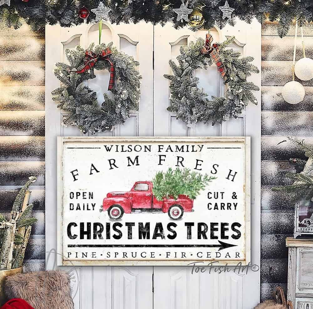 Farm Fresh Christmas Trees Sign handmade by ToeFishArt. Original, custom, personalized wall decor signs. Canvas, Wood or Metal. Rustic modern farmhouse, cottagecore, vintage, retro, industrial, Americana, primitive, country, coastal, minimalist.