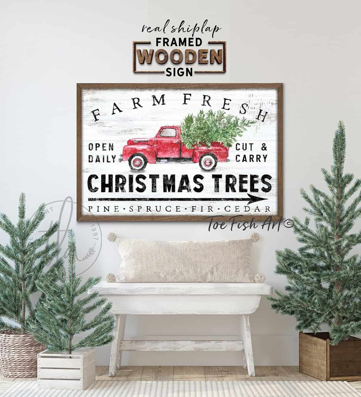 Farm Fresh Christmas Trees Sign, Rustic Holiday Christmas Wall Art, Vintage Red Truck with Tree Artwork, Framed Hardwood Shiplap Sign handmade by ToeFishArt. Original, custom, personalized wall decor signs. Canvas, Wood or Metal. Rustic modern farmhouse, cottagecore, vintage, retro, industrial, Americana, primitive, country, coastal, minimalist.