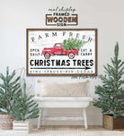 Farm Fresh Christmas Trees Sign, Rustic Holiday Christmas Wall Art, Vintage Red Truck with Tree Artwork, Framed Hardwood Shiplap Sign handmade by ToeFishArt. Original, custom, personalized wall decor signs. Canvas, Wood or Metal. Rustic modern farmhouse, cottagecore, vintage, retro, industrial, Americana, primitive, country, coastal, minimalist.