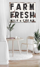 Farm Fresh Milk & Cream Sign handmade by ToeFishArt. Original, custom, personalized wall decor signs. Canvas, Wood or Metal. Rustic modern farmhouse, cottagecore, vintage, retro, industrial, Americana, primitive, country, coastal, minimalist.