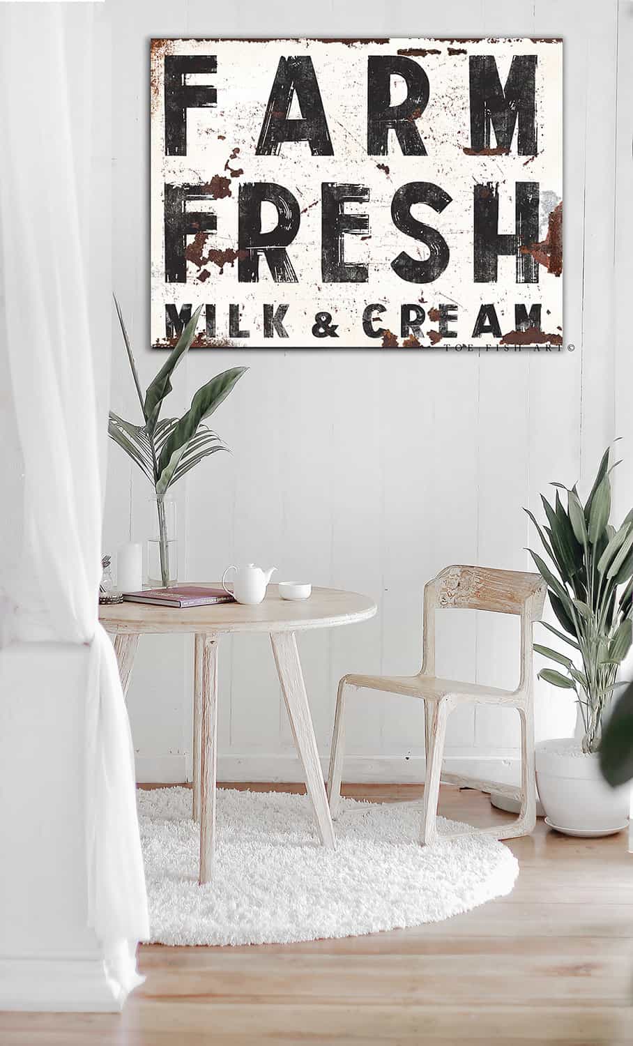 Farm Fresh Milk & Cream Sign handmade by ToeFishArt. Original, custom, personalized wall decor signs. Canvas, Wood or Metal. Rustic modern farmhouse, cottagecore, vintage, retro, industrial, Americana, primitive, country, coastal, minimalist.