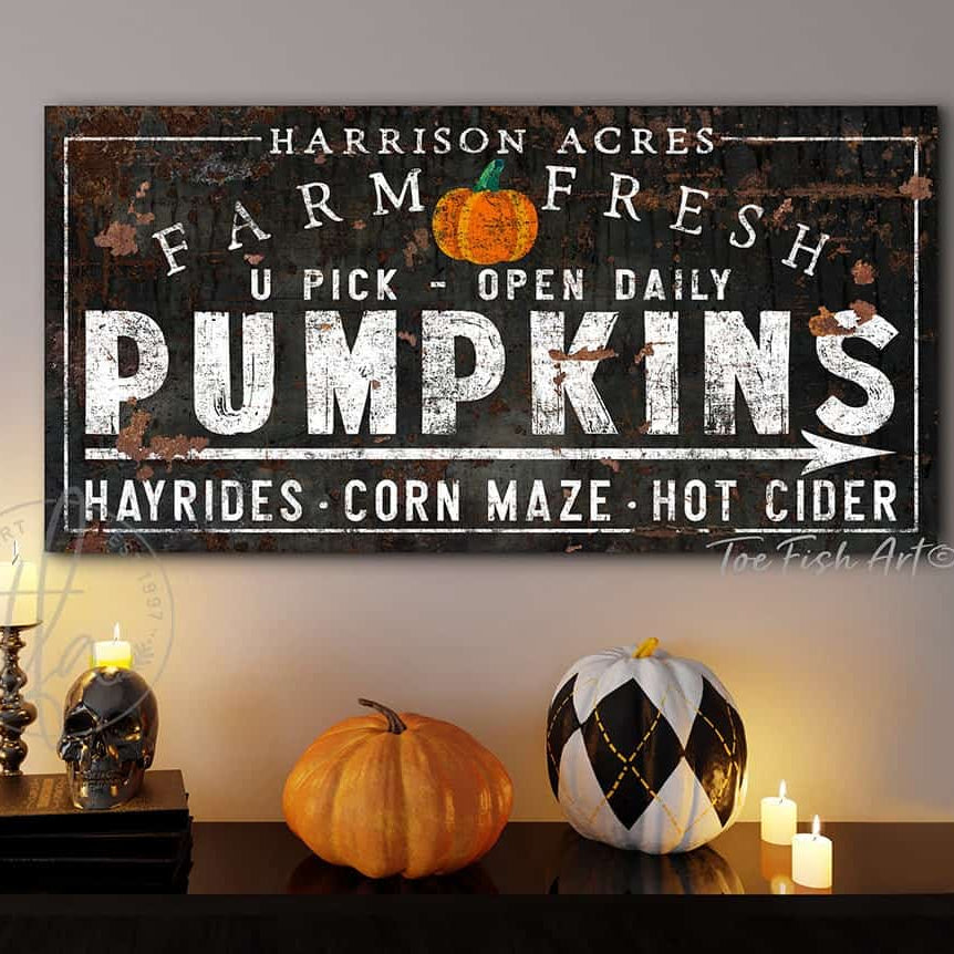 Farm Fresh Pumpkins Sign handmade by ToeFishArt. Original, custom, personalized wall decor signs. Canvas, Wood or Metal. Rustic modern farmhouse, cottagecore, vintage, retro, industrial, Americana, primitive, country, coastal, minimalist.