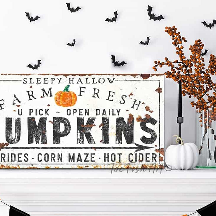 Farm Fresh Pumpkins Sign handmade by ToeFishArt. Original, custom, personalized wall decor signs. Canvas, Wood or Metal. Rustic modern farmhouse, cottagecore, vintage, retro, industrial, Americana, primitive, country, coastal, minimalist.
