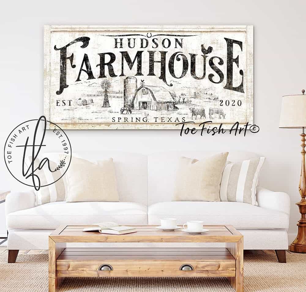 Farmhouse Family Sign handmade by ToeFishArt. Original, custom, personalized wall decor signs. Canvas, Wood or Metal. Rustic modern farmhouse, cottagecore, vintage, retro, industrial, Americana, primitive, country, coastal, minimalist.