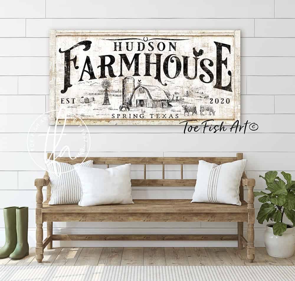 Farmhouse Family Sign handmade by ToeFishArt. Original, custom, personalized wall decor signs. Canvas, Wood or Metal. Rustic modern farmhouse, cottagecore, vintage, retro, industrial, Americana, primitive, country, coastal, minimalist.