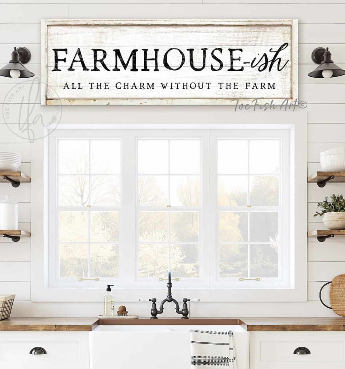 Farmhouse-ish All the Charm Without the Farm Sign, Creative Whimsical Modern Farmhouse Style Wall Decor handmade by ToeFishArt. Original, custom, personalized wall decor signs. Canvas, Wood or Metal. Rustic modern farmhouse, cottagecore, vintage, retro, industrial, Americana, primitive, country, coastal, minimalist.
