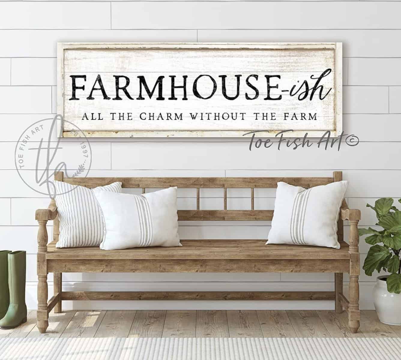 Farmhouse-ish All the Charm Without the Farm Sign, Creative Whimsical Modern Farmhouse Style Wall Decor handmade by ToeFishArt. Original, custom, personalized wall decor signs. Canvas, Wood or Metal. Rustic modern farmhouse, cottagecore, vintage, retro, industrial, Americana, primitive, country, coastal, minimalist.