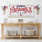 Fireworks Stand Personalized Sign, 4th of July Patriotic Independence Day Decoration handmade by ToeFishArt. Original, custom, personalized wall decor signs. Canvas, Wood or Metal. Rustic modern farmhouse, cottagecore, vintage, retro, industrial, Americana, primitive, country, coastal, minimalist.