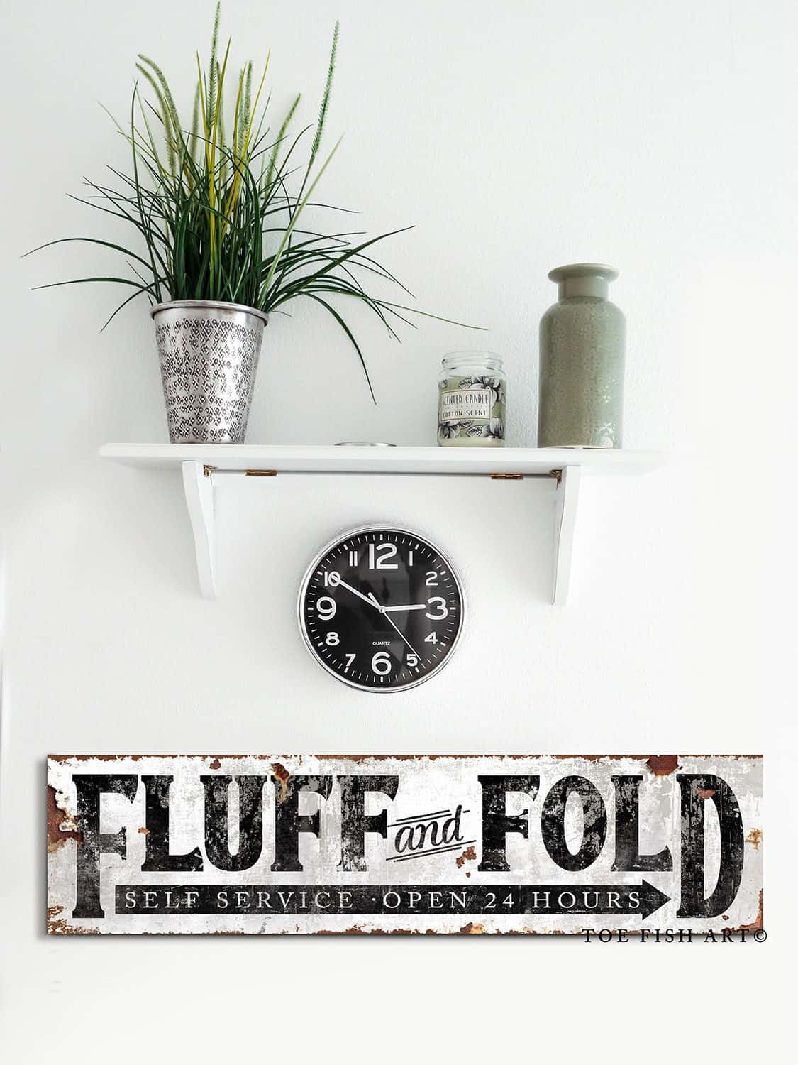 Fluff & Fold Sign Self Service Rustic Industrial Style for Laundry Room Mudroom handmade by ToeFishArt. Original, custom, personalized wall decor signs. Canvas, Wood or Metal. Rustic modern farmhouse, cottagecore, vintage, retro, industrial, Americana, primitive, country, coastal, minimalist.