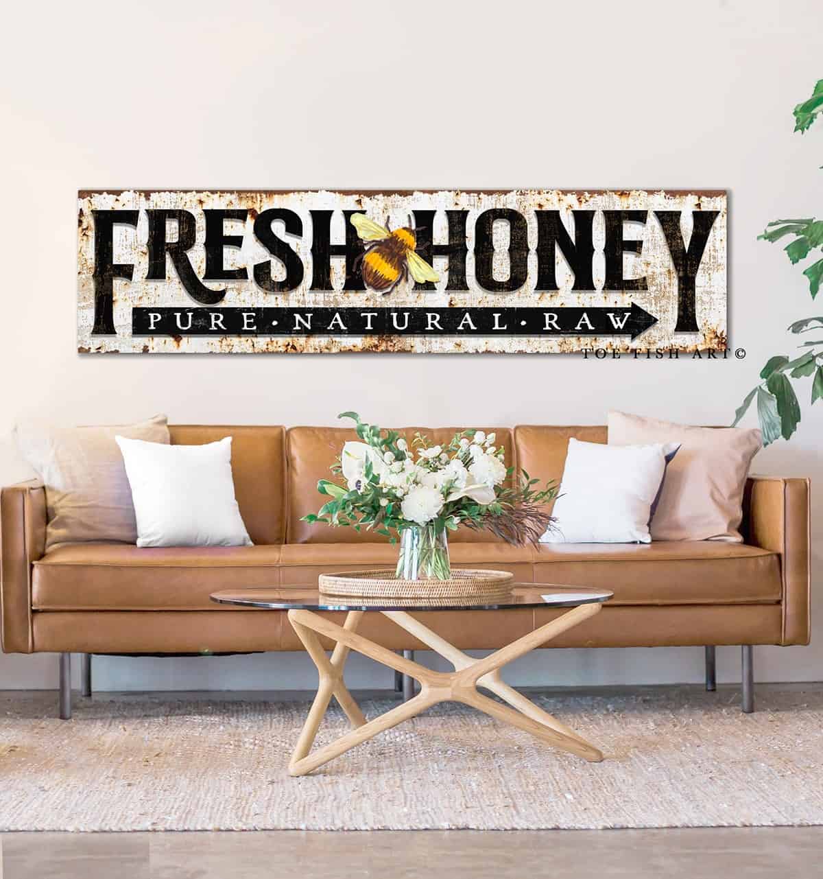 Fresh Honey Sign Vintage Rustic Style Pure Natural Raw Honey Bee handmade by ToeFishArt. Original, custom, personalized wall decor signs. Canvas, Wood or Metal. Rustic modern farmhouse, cottagecore, vintage, retro, industrial, Americana, primitive, country, coastal, minimalist.