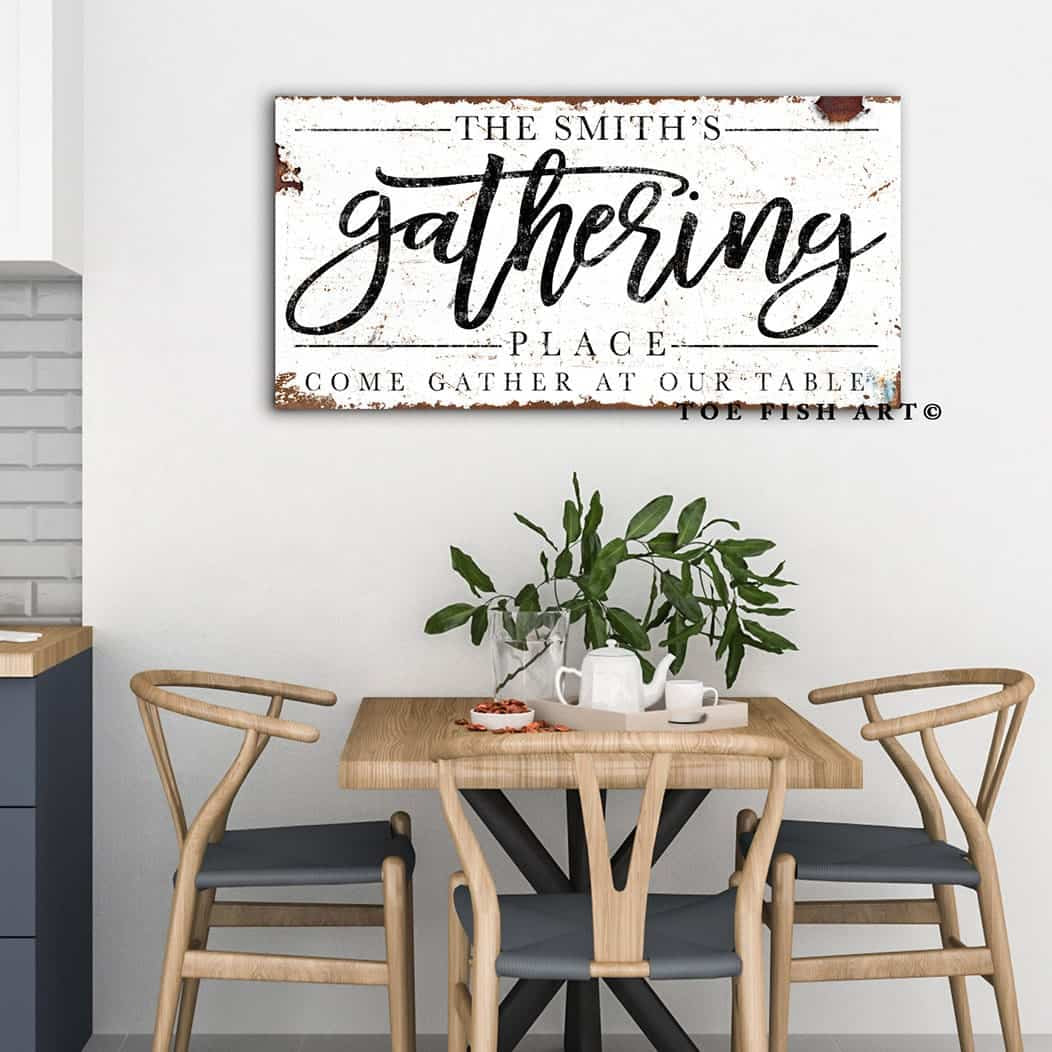 Gathering Place Sign handmade by ToeFishArt. Original, custom, personalized wall decor signs. Canvas, Wood or Metal. Rustic modern farmhouse, cottagecore, vintage, retro, industrial, Americana, primitive, country, coastal, minimalist.