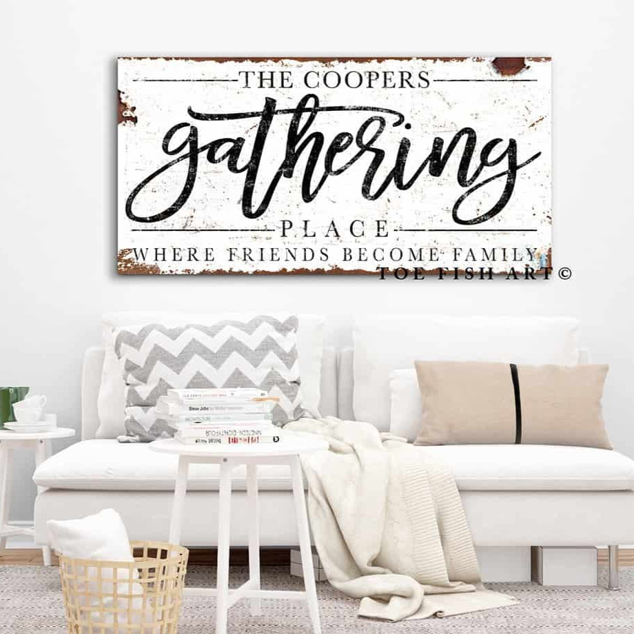 Gathering Place Sign handmade by ToeFishArt. Original, custom, personalized wall decor signs. Canvas, Wood or Metal. Rustic modern farmhouse, cottagecore, vintage, retro, industrial, Americana, primitive, country, coastal, minimalist.