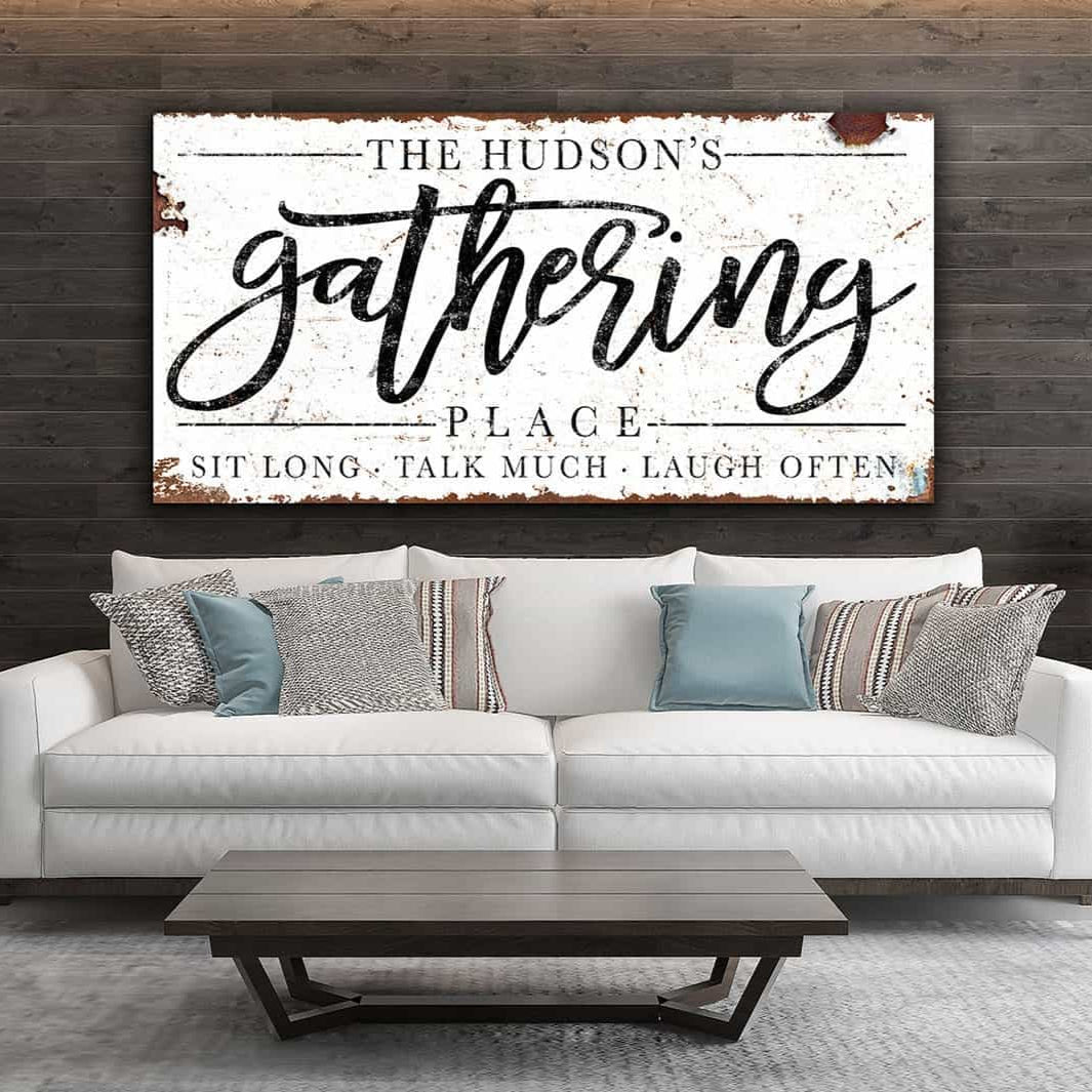 Gathering Place Sign handmade by ToeFishArt. Original, custom, personalized wall decor signs. Canvas, Wood or Metal. Rustic modern farmhouse, cottagecore, vintage, retro, industrial, Americana, primitive, country, coastal, minimalist.