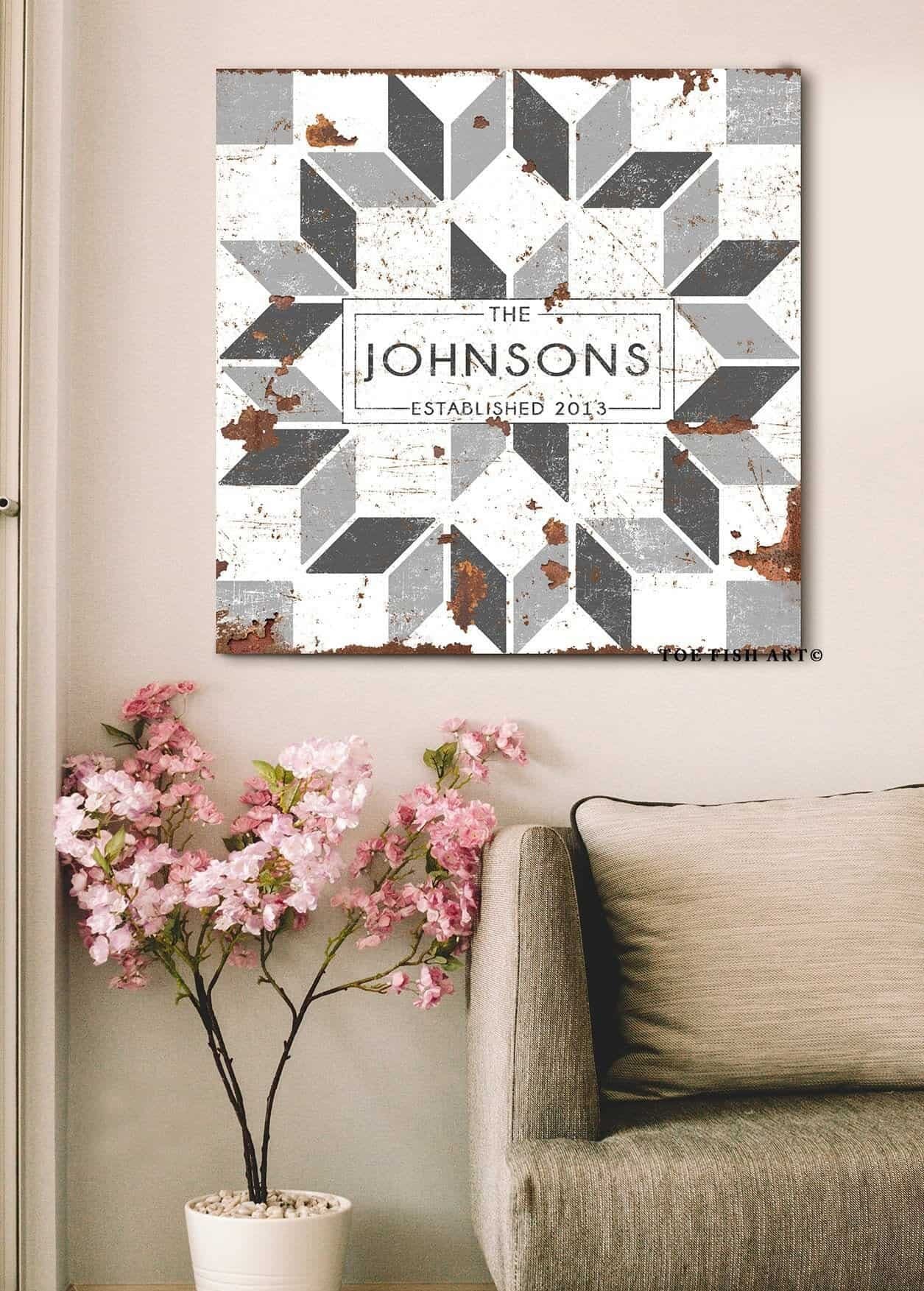 Geometric Family Name Sign handmade by ToeFishArt. Original, custom, personalized wall decor signs. Canvas, Wood or Metal. Rustic modern farmhouse, cottagecore, vintage, retro, industrial, Americana, primitive, country, coastal, minimalist.