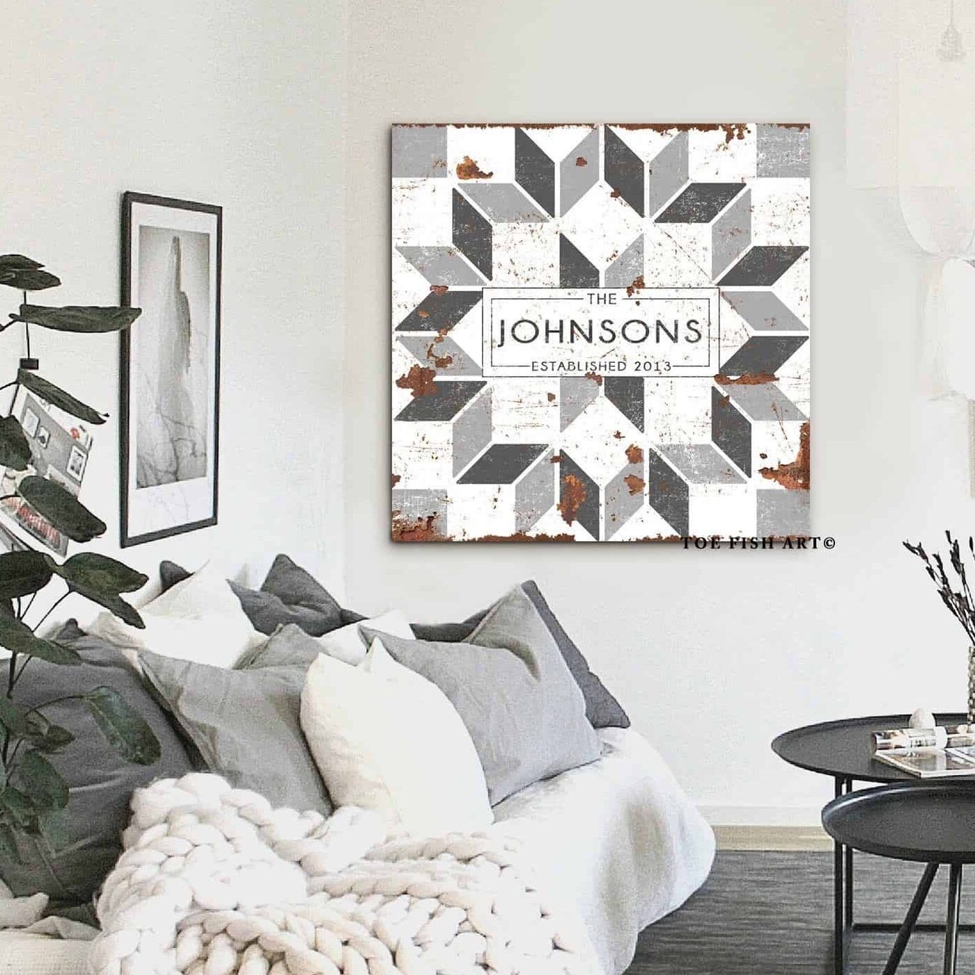 Geometric Family Name Sign handmade by ToeFishArt. Original, custom, personalized wall decor signs. Canvas, Wood or Metal. Rustic modern farmhouse, cottagecore, vintage, retro, industrial, Americana, primitive, country, coastal, minimalist.