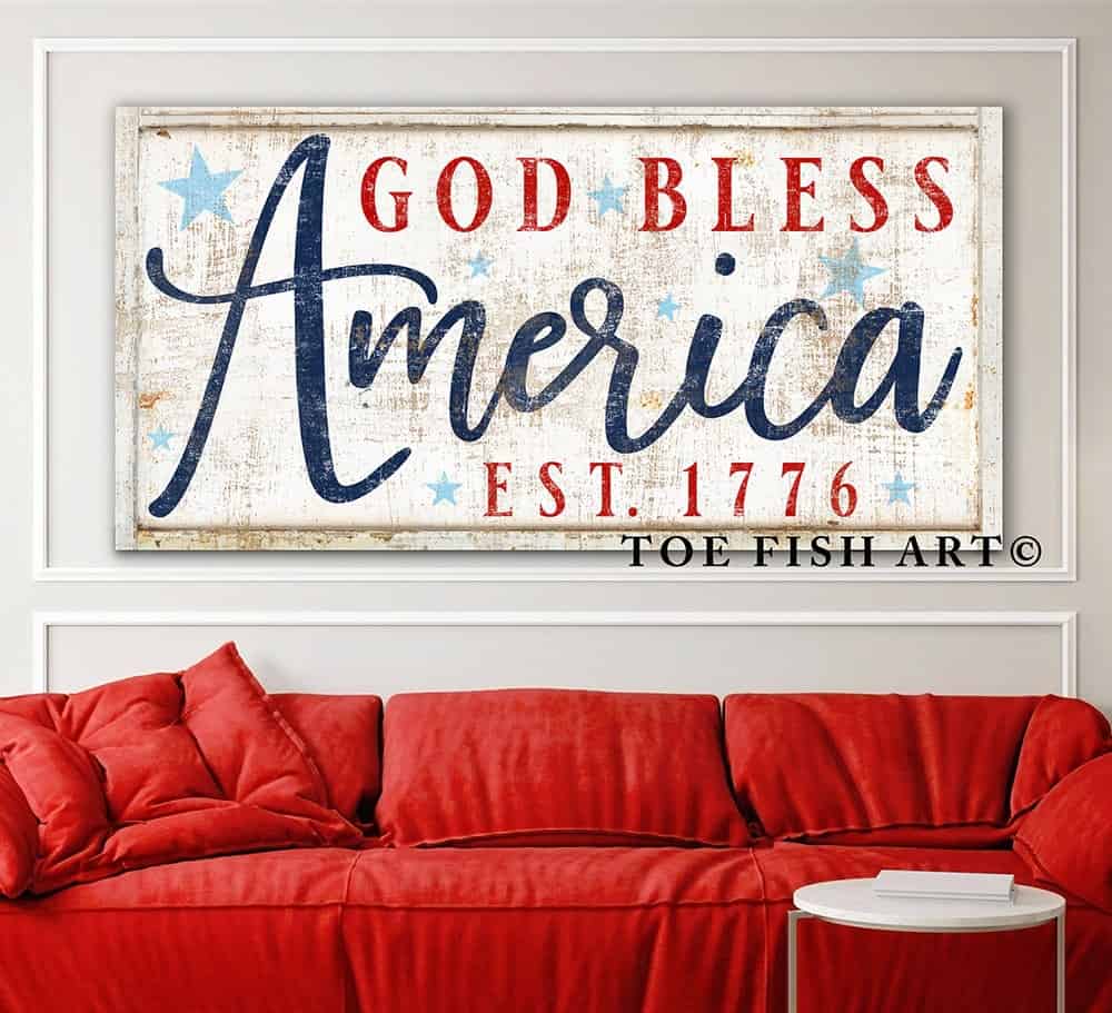 God Bless America Sign handmade by ToeFishArt. Original, custom, personalized wall decor signs. Canvas, Wood or Metal. Rustic modern farmhouse, cottagecore, vintage, retro, industrial, Americana, primitive, country, coastal, minimalist.