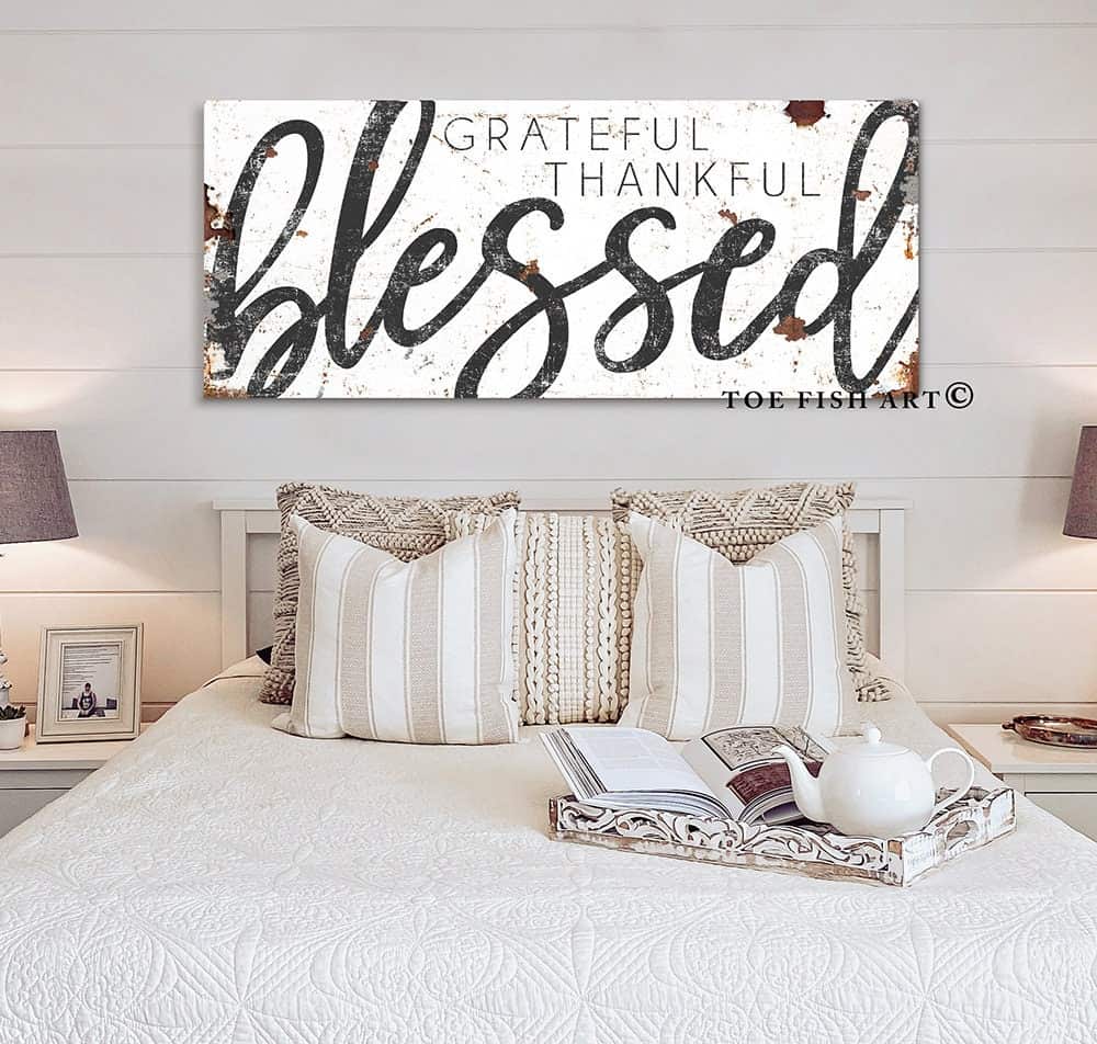 Grateful Thankful Blessed Sign handmade by ToeFishArt. Original, custom, personalized wall decor signs. Canvas, Wood or Metal. Rustic modern farmhouse, cottagecore, vintage, retro, industrial, Americana, primitive, country, coastal, minimalist.