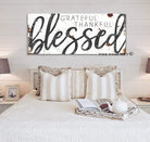 Grateful Thankful Blessed Sign handmade by ToeFishArt. Original, custom, personalized wall decor signs. Canvas, Wood or Metal. Rustic modern farmhouse, cottagecore, vintage, retro, industrial, Americana, primitive, country, coastal, minimalist.