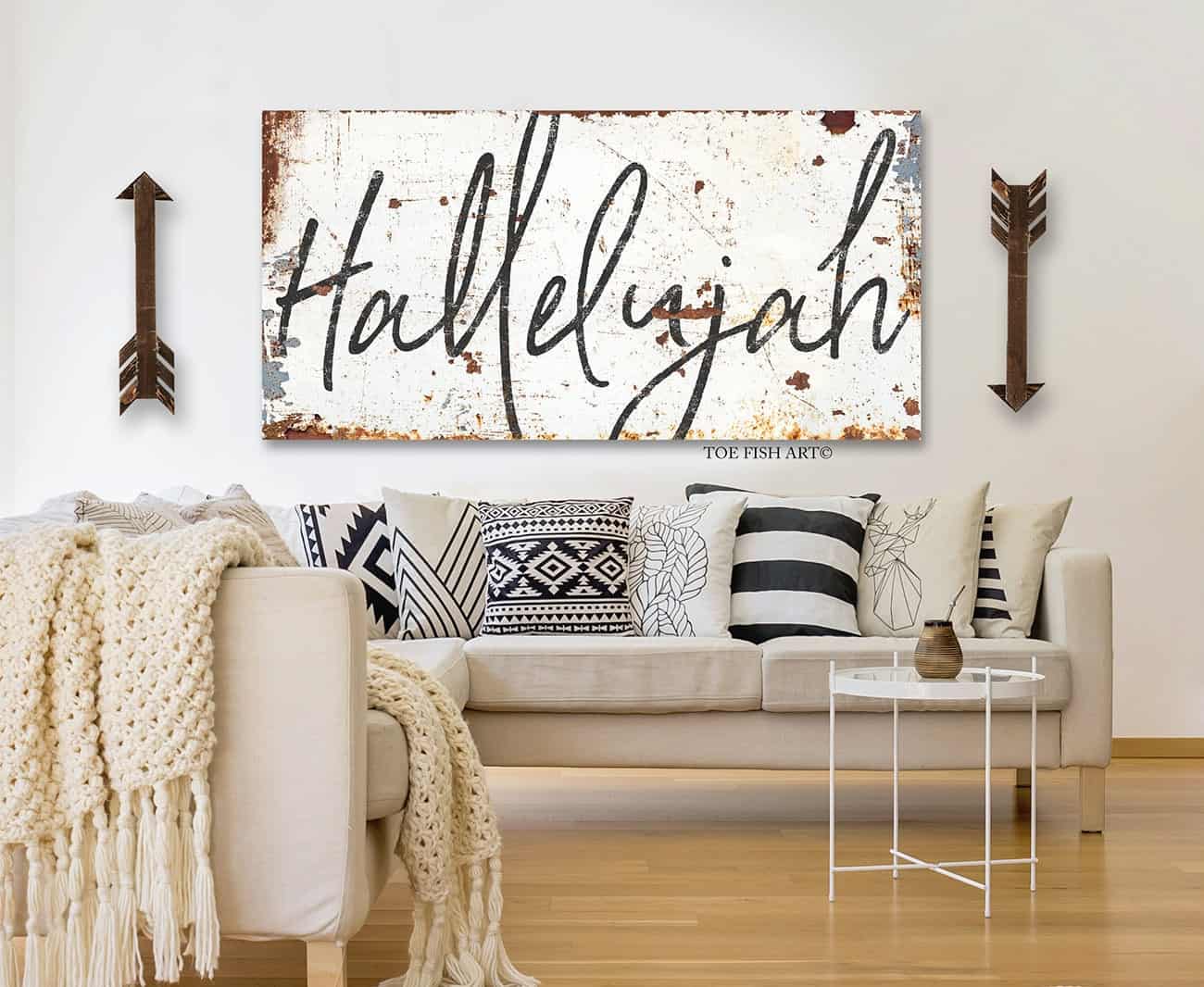 Hallelujah Sign handmade by ToeFishArt. Original, custom, personalized wall decor signs. Canvas, Wood or Metal. Rustic modern farmhouse, cottagecore, vintage, retro, industrial, Americana, primitive, country, coastal, minimalist.