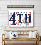 Happy 4th of July Sign handmade by ToeFishArt. Original, custom, personalized wall decor signs. Canvas, Wood or Metal. Rustic modern farmhouse, cottagecore, vintage, retro, industrial, Americana, primitive, country, coastal, minimalist.