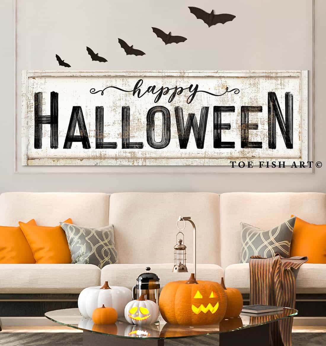 Happy Halloween Sign handmade by ToeFishArt. Original, custom, personalized wall decor signs. Canvas, Wood or Metal. Rustic modern farmhouse, cottagecore, vintage, retro, industrial, Americana, primitive, country, coastal, minimalist.