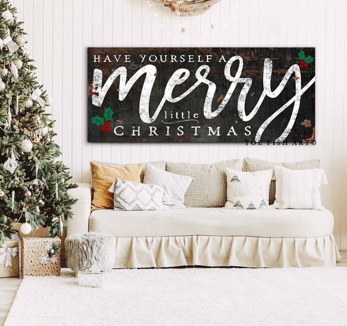 Have Yourself a Merry Little Christmas Sign handmade by ToeFishArt. Original, custom, personalized wall decor signs. Canvas, Wood or Metal. Rustic modern farmhouse, cottagecore, vintage, retro, industrial, Americana, primitive, country, coastal, minimalist.