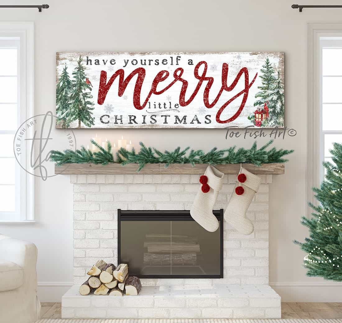 Have Yourself a Merry Little Christmas Sign rustic farmhouse holiday wall hanging handmade by ToeFishArt. Original, custom, personalized wall decor signs. Canvas, Wood or Metal. Rustic modern farmhouse, cottagecore, vintage, retro, industrial, Americana, primitive, country, coastal, minimalist.
