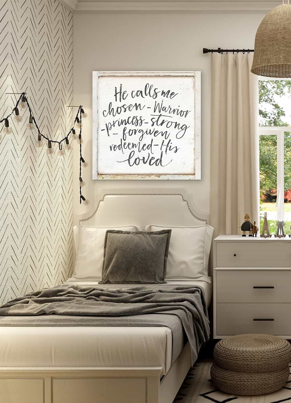 He Calls Me Chosen Sign handmade by ToeFishArt. Original, custom, personalized wall decor signs. Canvas, Wood or Metal. Rustic modern farmhouse, cottagecore, vintage, retro, industrial, Americana, primitive, country, coastal, minimalist.