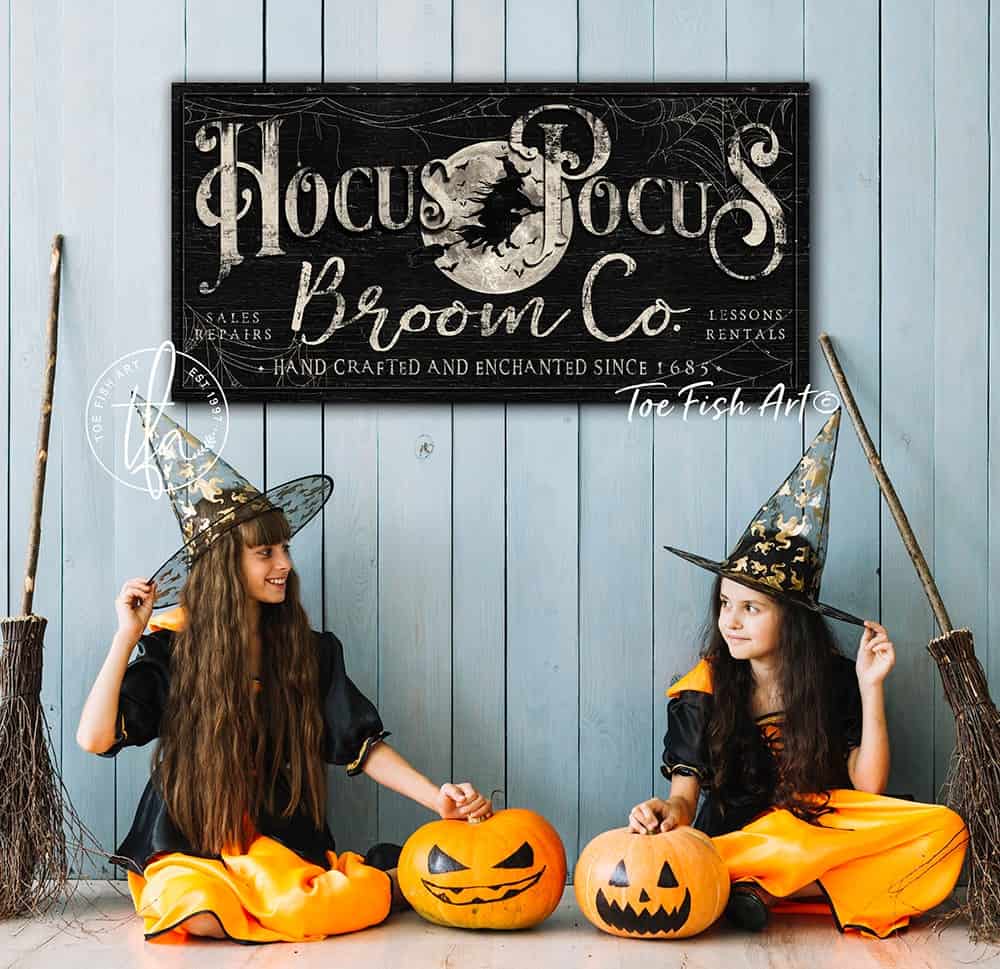 Hocus Pocus Broom Co. Sign handmade by ToeFishArt. Original, custom, personalized wall decor signs. Canvas, Wood or Metal. Rustic modern farmhouse, cottagecore, vintage, retro, industrial, Americana, primitive, country, coastal, minimalist.