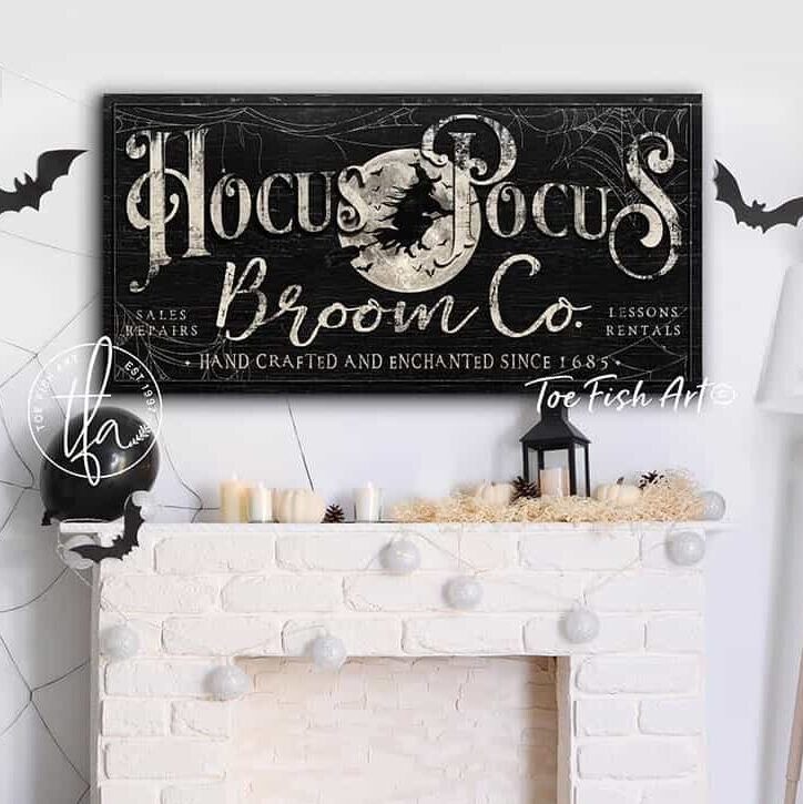 Hocus Pocus Broom Co. Sign handmade by ToeFishArt. Original, custom, personalized wall decor signs. Canvas, Wood or Metal. Rustic modern farmhouse, cottagecore, vintage, retro, industrial, Americana, primitive, country, coastal, minimalist.