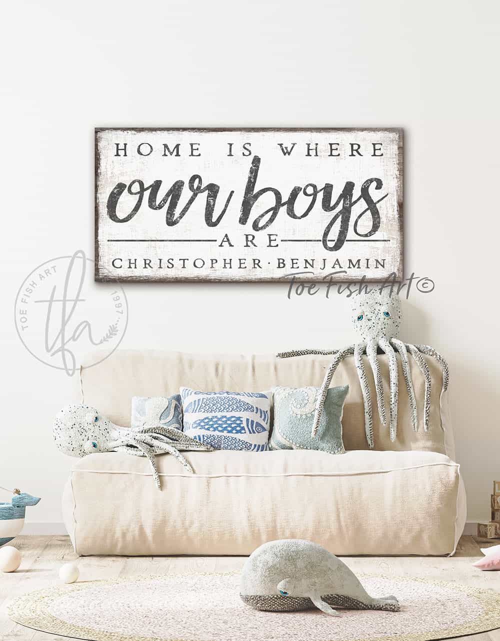 Home Is Where My Boys Are Sign handmade by ToeFishArt. Original, custom, personalized wall decor signs. Canvas, Wood or Metal. Rustic modern farmhouse, cottagecore, vintage, retro, industrial, Americana, primitive, country, coastal, minimalist.