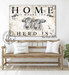 Home Is Where the Herd Is Sign handmade by ToeFishArt. Original, custom, personalized wall decor signs. Canvas, Wood or Metal. Rustic modern farmhouse, cottagecore, vintage, retro, industrial, Americana, primitive, country, coastal, minimalist.