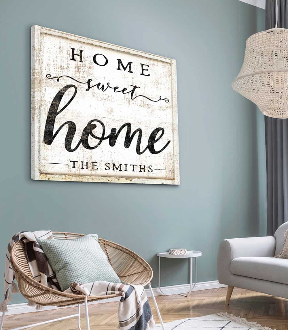 Home Sweet Home Sign handmade by ToeFishArt. Original, custom, personalized wall decor signs. Canvas, Wood or Metal. Rustic modern farmhouse, cottagecore, vintage, retro, industrial, Americana, primitive, country, coastal, minimalist.