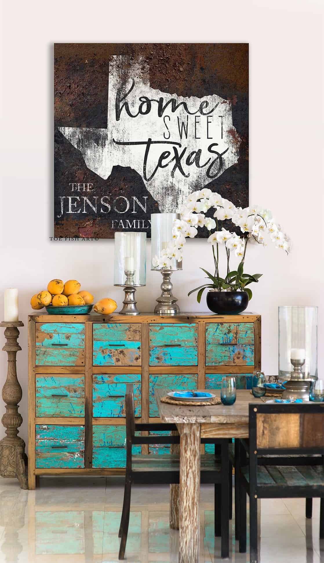 Home Sweet Texas Sign handmade by ToeFishArt. Original, custom, personalized wall decor signs. Canvas, Wood or Metal. Rustic modern farmhouse, cottagecore, vintage, retro, industrial, Americana, primitive, country, coastal, minimalist.