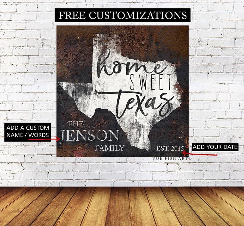 Home Sweet Texas Sign handmade by ToeFishArt. Original, custom, personalized wall decor signs. Canvas, Wood or Metal. Rustic modern farmhouse, cottagecore, vintage, retro, industrial, Americana, primitive, country, coastal, minimalist.