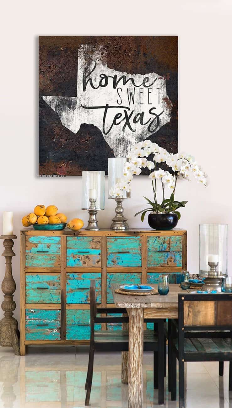 Home Sweet Texas Sign handmade by ToeFishArt. Original, custom, personalized wall decor signs. Canvas, Wood or Metal. Rustic modern farmhouse, cottagecore, vintage, retro, industrial, Americana, primitive, country, coastal, minimalist.