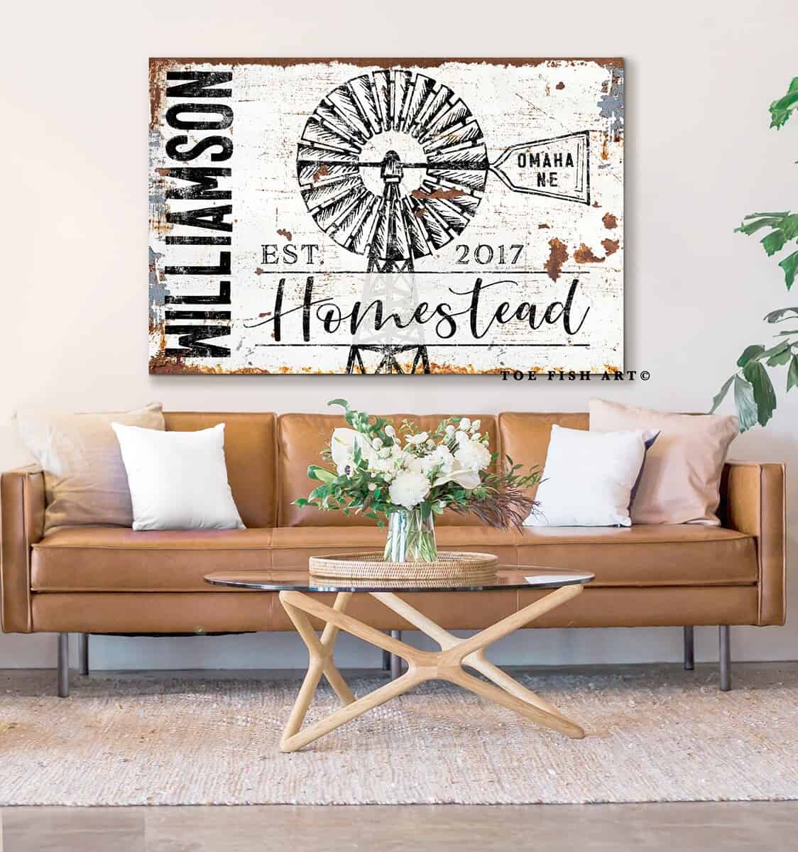 Homestead Sign handmade by ToeFishArt. Original, custom, personalized wall decor signs. Canvas, Wood or Metal. Rustic modern farmhouse, cottagecore, vintage, retro, industrial, Americana, primitive, country, coastal, minimalist.