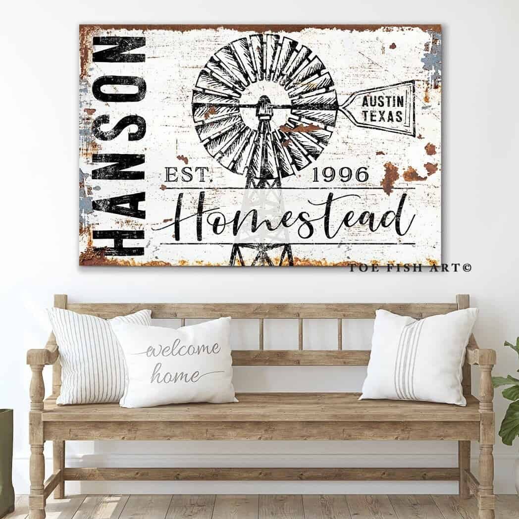 Homestead Sign handmade by ToeFishArt. Original, custom, personalized wall decor signs. Canvas, Wood or Metal. Rustic modern farmhouse, cottagecore, vintage, retro, industrial, Americana, primitive, country, coastal, minimalist.