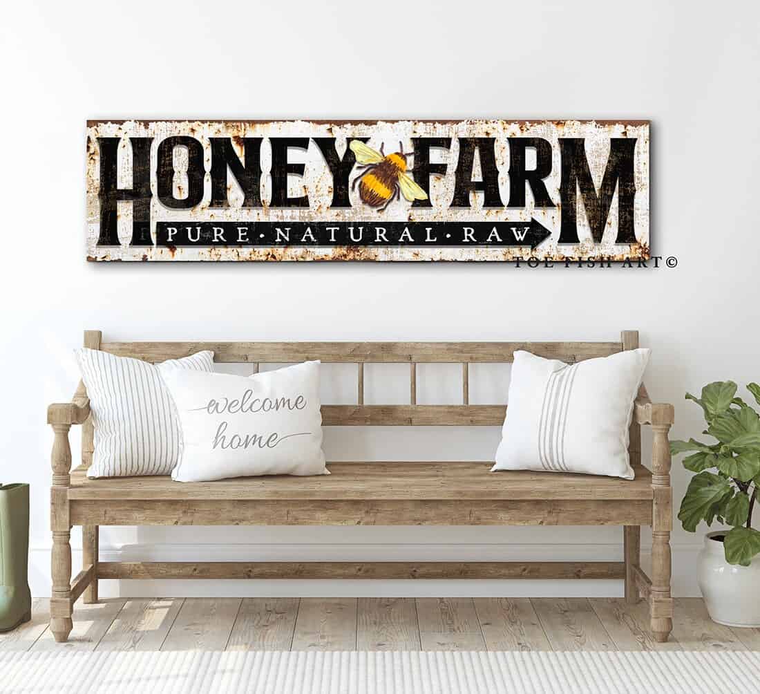 Honey Farm Sign Vintage Rustic Style Pure Natural Raw Honey Bee handmade by ToeFishArt. Original, custom, personalized wall decor signs. Canvas, Wood or Metal. Rustic modern farmhouse, cottagecore, vintage, retro, industrial, Americana, primitive, country, coastal, minimalist.
