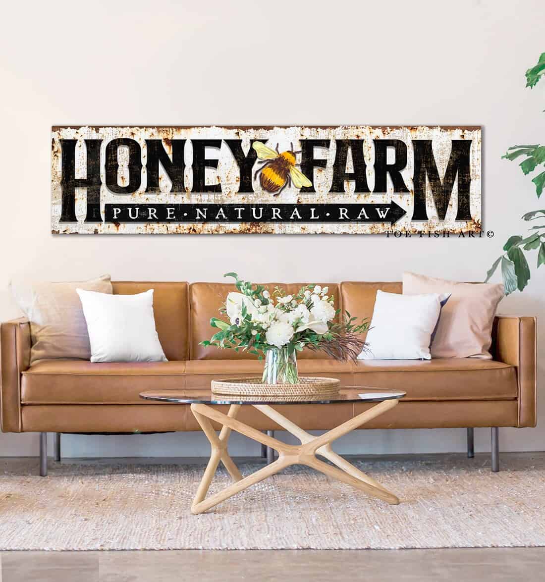 Honey Farm Sign Vintage Rustic Style Pure Natural Raw Honey Bee handmade by ToeFishArt. Original, custom, personalized wall decor signs. Canvas, Wood or Metal. Rustic modern farmhouse, cottagecore, vintage, retro, industrial, Americana, primitive, country, coastal, minimalist.