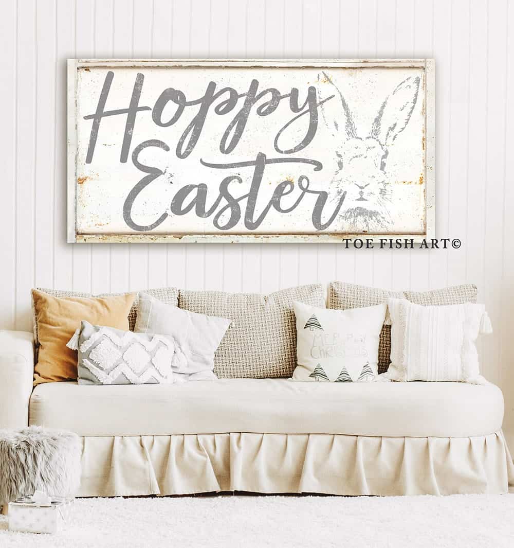 Hoppy Easter Sign handmade by ToeFishArt. Original, custom, personalized wall decor signs. Canvas, Wood or Metal. Rustic modern farmhouse, cottagecore, vintage, retro, industrial, Americana, primitive, country, coastal, minimalist.