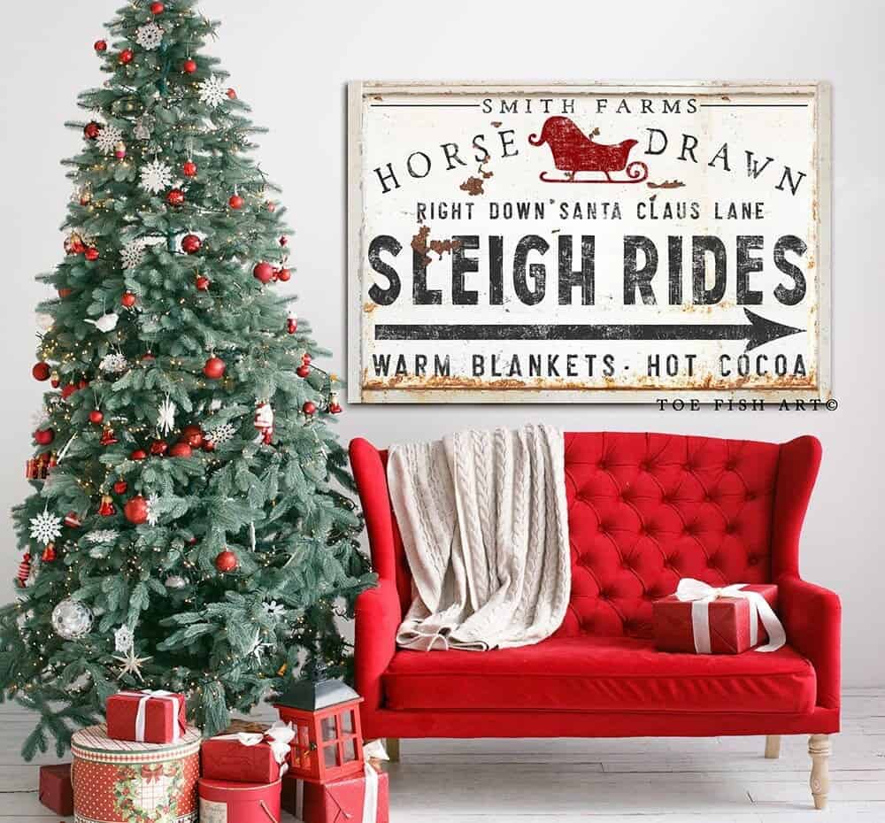 Horse Drawn Sleigh Rides Sign handmade by ToeFishArt. Original, custom, personalized wall decor signs. Canvas, Wood or Metal. Rustic modern farmhouse, cottagecore, vintage, retro, industrial, Americana, primitive, country, coastal, minimalist.