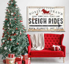 Horse Drawn Sleigh Rides Sign handmade by ToeFishArt. Original, custom, personalized wall decor signs. Canvas, Wood or Metal. Rustic modern farmhouse, cottagecore, vintage, retro, industrial, Americana, primitive, country, coastal, minimalist.