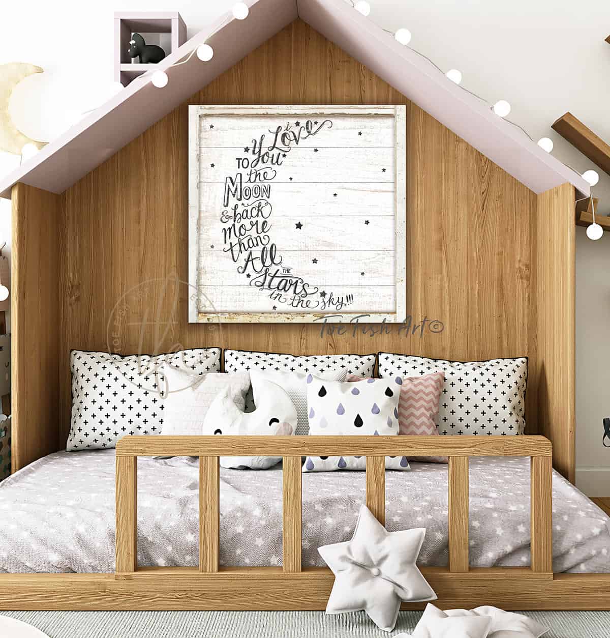 I Love You To The Moon and Back More Than All the Stars Sign handmade by ToeFishArt. Original, custom, personalized wall decor signs. Canvas, Wood or Metal. Rustic modern farmhouse, cottagecore, vintage, retro, industrial, Americana, primitive, country, coastal, minimalist.