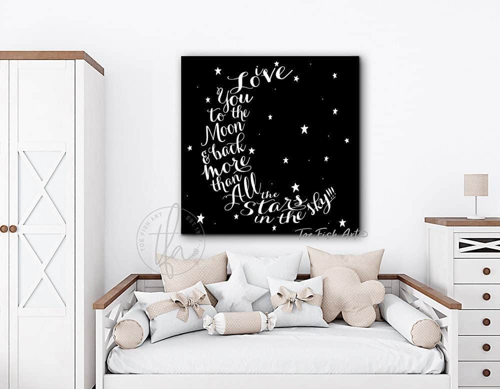 I Love You to the Moon & Back Sign handmade by ToeFishArt. Original, custom, personalized wall decor signs. Canvas, Wood or Metal. Rustic modern farmhouse, cottagecore, vintage, retro, industrial, Americana, primitive, country, coastal, minimalist.
